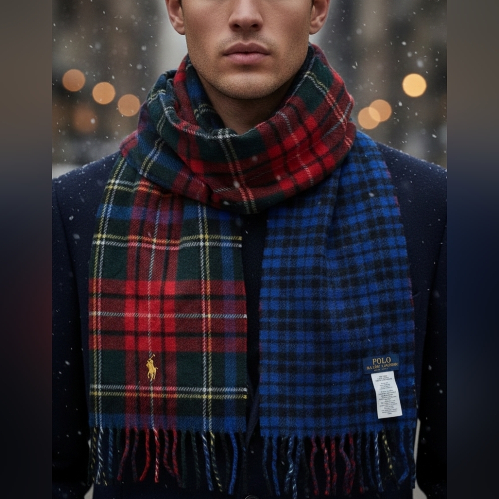 Polo Ralph Lauren Reversible Plaid Virgin Wool Men Scarf 72"×10" Made In Italy